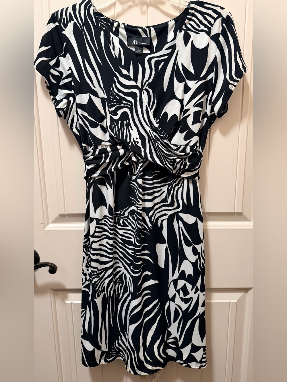 AB Studio Black and White Print Midi Wrap Dress